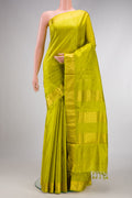 Parrot Green Dual Tone Kanchipuram Silk Nine Yards Saree with Plain Body and Zari Border.  displayed on a mannequin