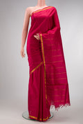 Maroon Dual Tone Kanchipuram Silk Nine Yards Saree with Plain Body and Zari Border.  displayed on a mannequin