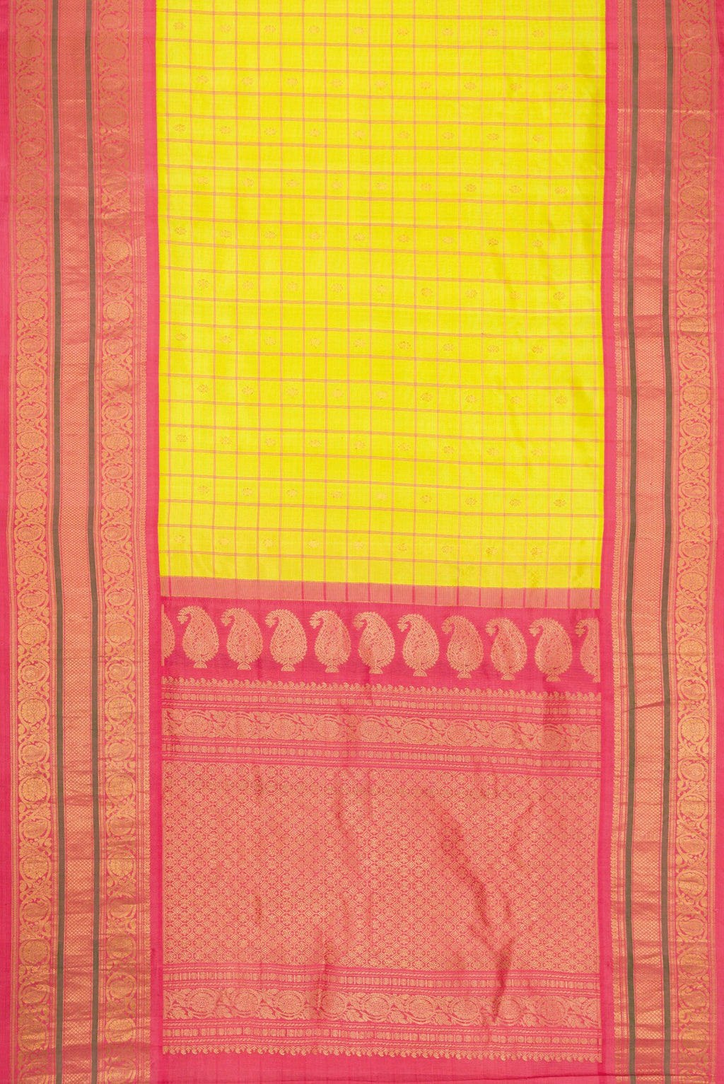 Flat view of Parrot Green Dual Tone Gadwal Silk Saree with Checked design on the body and Zari Border. 