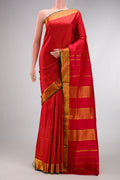 Red Dual Tone Kanchipuram Silk Nine Yards Saree with Checked design on the body and Zari Border.  displayed on a mannequin