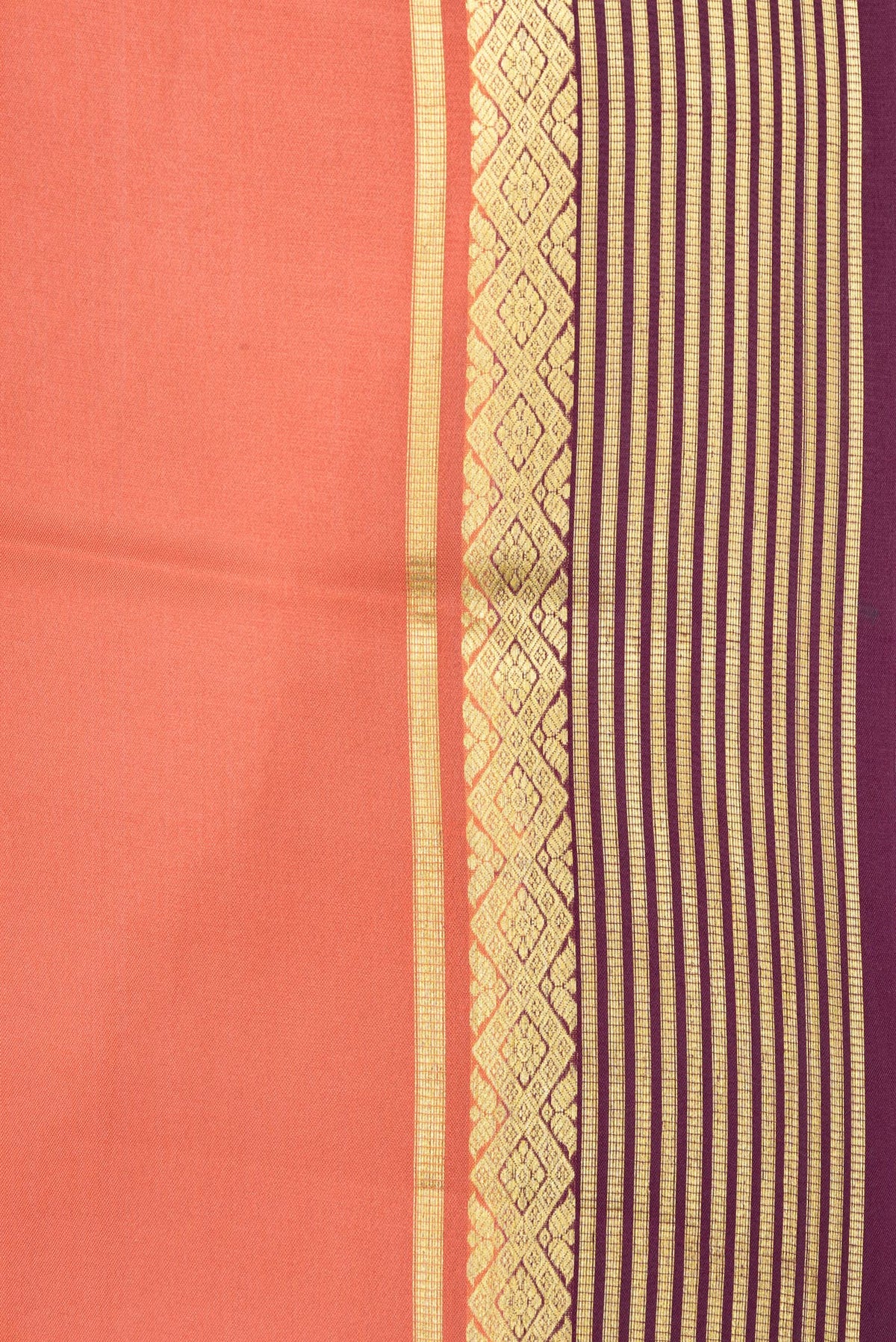 Border image of Peach Dual Tone Mysore Silk Saree with Plain Body and Zari Border. 