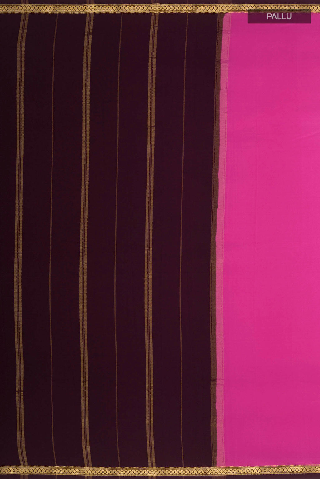 Close up image of the pallu of Pure Silk Pure Zari Pink Mysore Crepe Saree with Plain Body and Zari Border