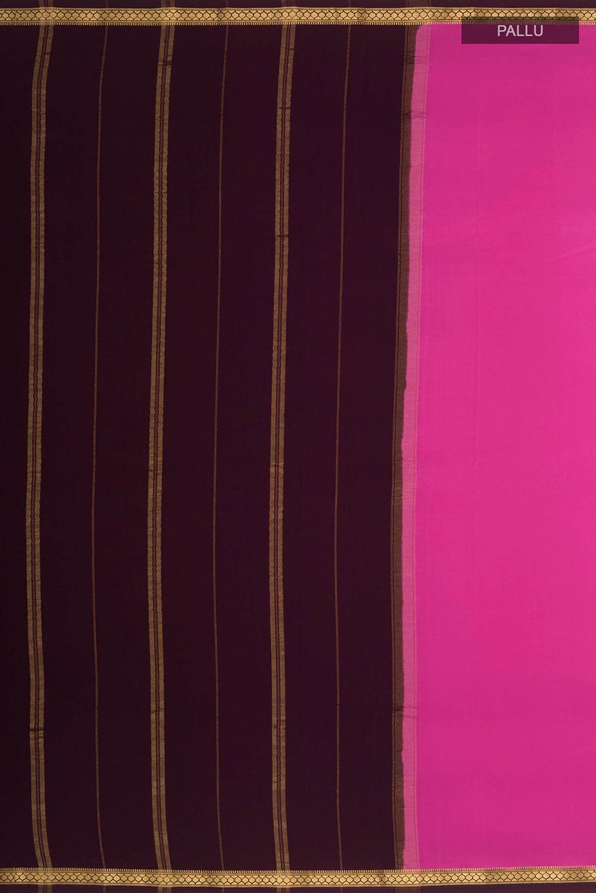 Close up image of the pallu of Pure Silk Pure Zari Pink Mysore Crepe Saree with Plain Body and Zari Border