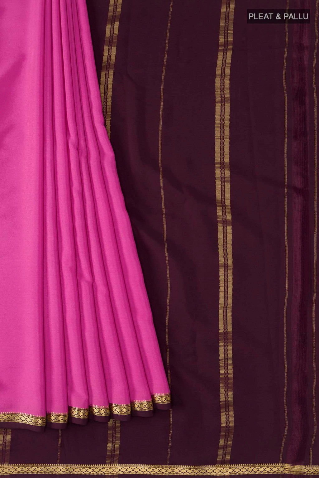 Pleats and pallu of Pure Silk Pure Zari Pink Mysore Crepe Saree with Plain Body and Zari Border
