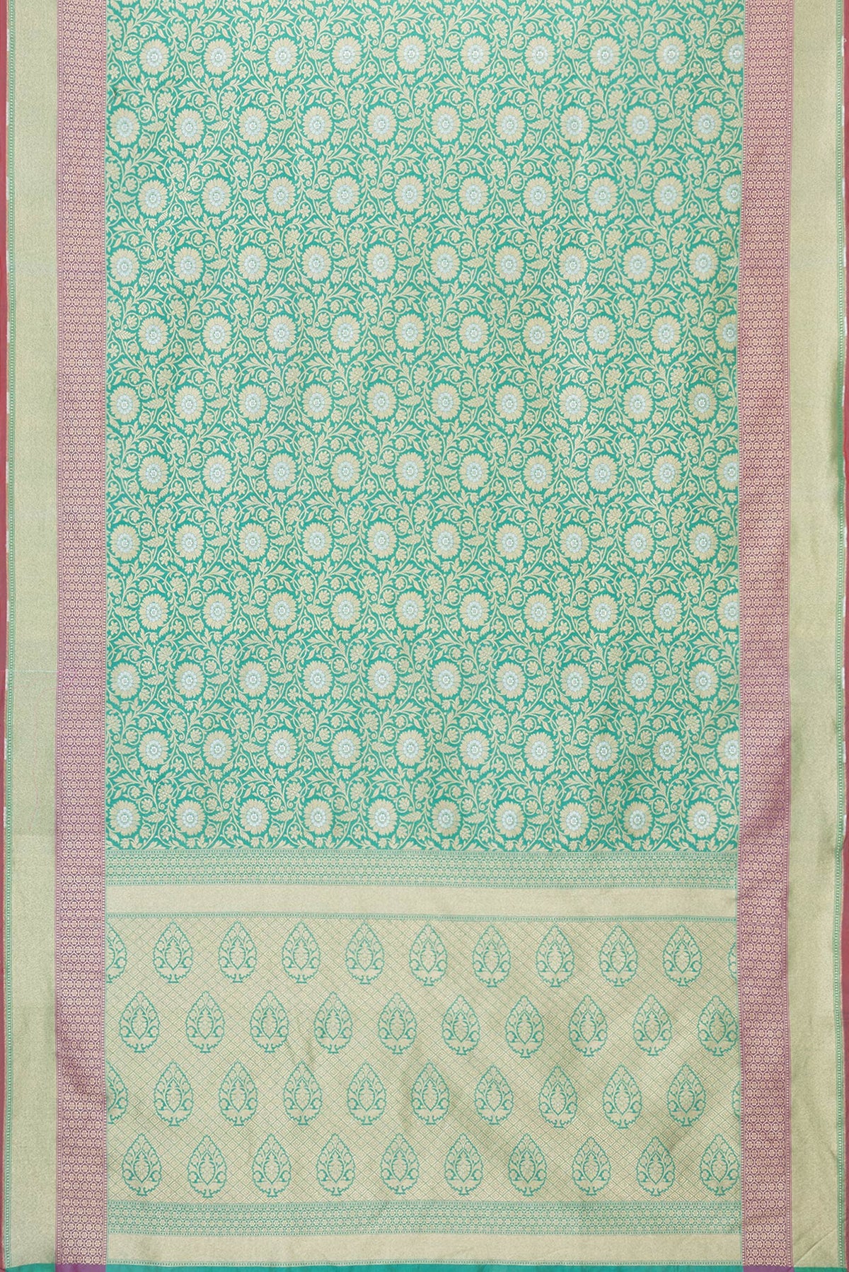 Flat view of Green Dual Tone Blended Banarasi Silk Saree with Zari Brocade on the body and Zari Border. 