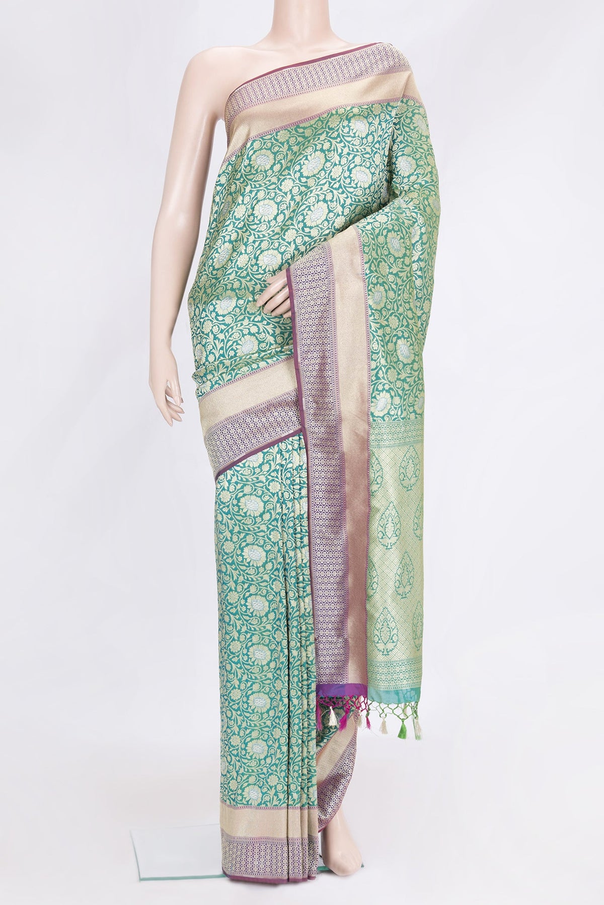 Green Dual Tone Blended Banarasi Silk Saree with Zari Brocade on the body and Zari Border.  displayed on a mannequin