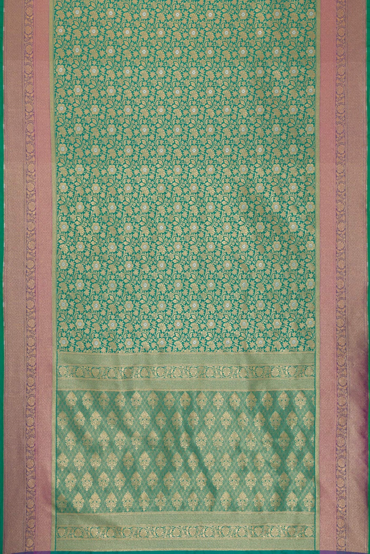 Flat view of Sea Green Dual Tone Blended Banarasi Silk Saree with Zari Brocade on the body and Zari Border. 