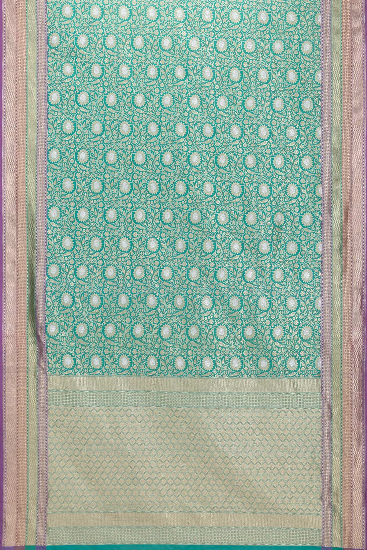 Flat view of Green Dual Tone Blended Banarasi Silk Saree with Zari Brocade on the body and Zari Border. 