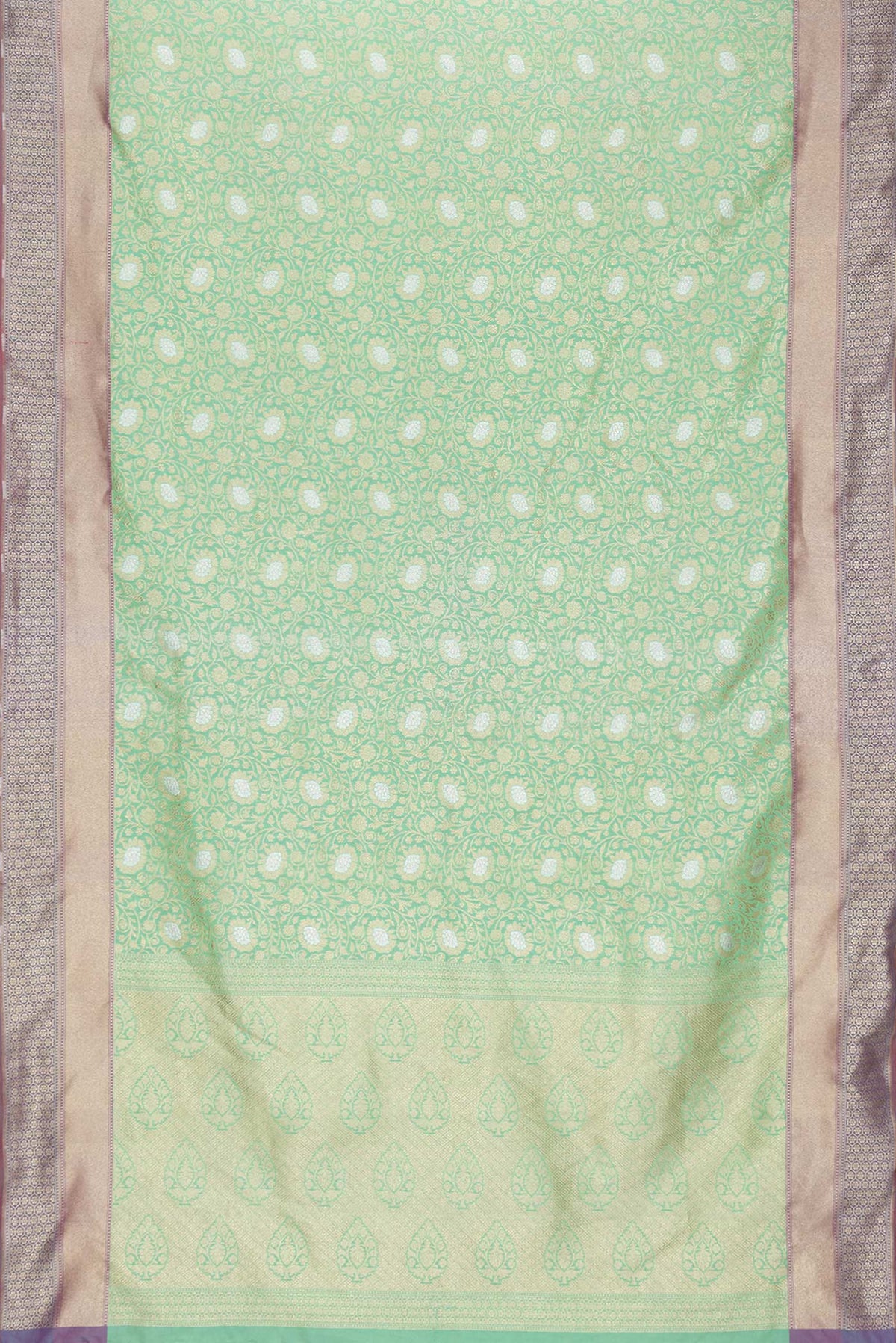 Flat view of Green Dual Tone Blended Banarasi Silk Saree with Zari Brocade on the body and Zari Border. 