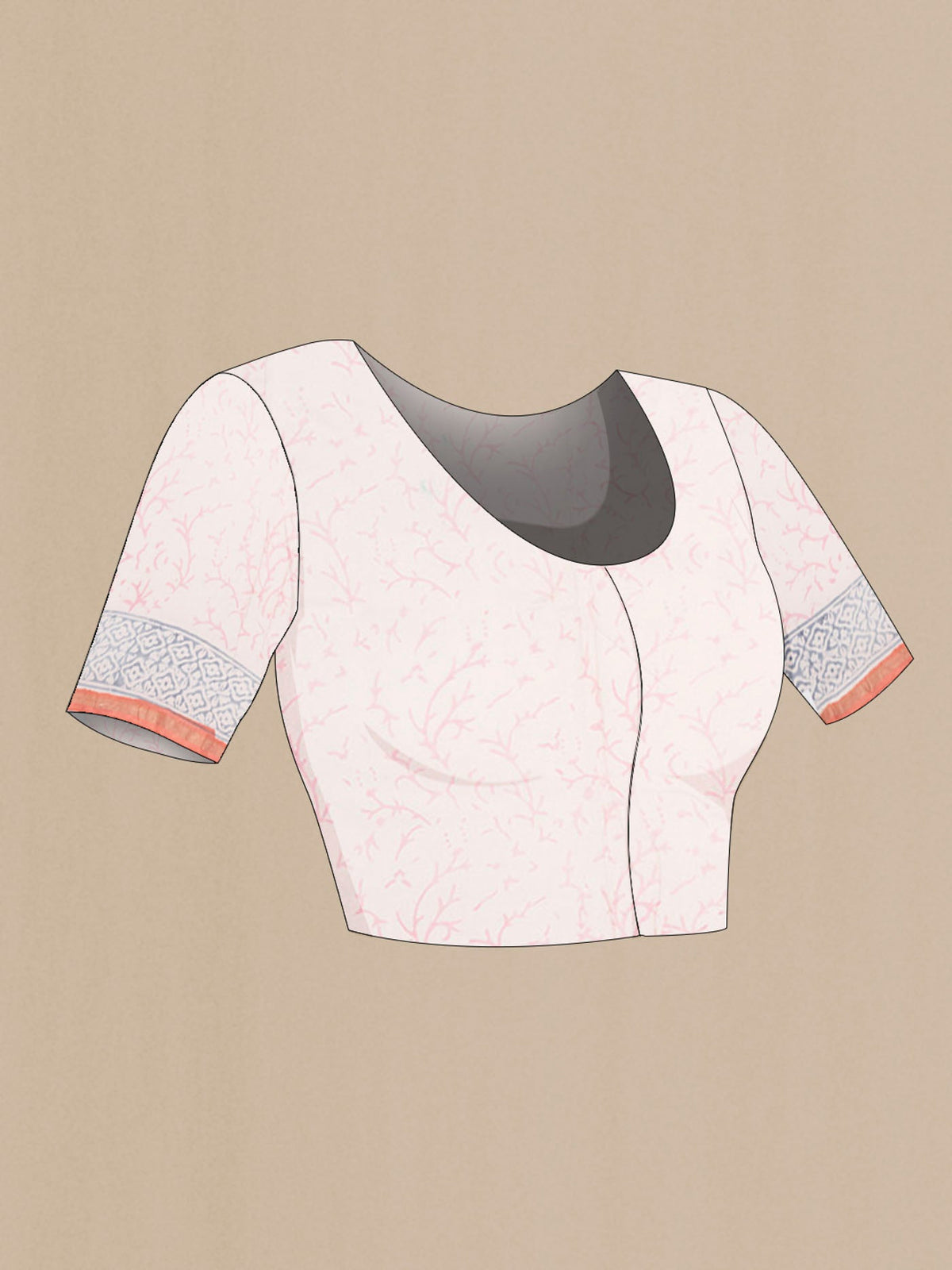 Close up image of the blouse of Rust Silk Cotton Saree with Printed design on the body and Zari Border