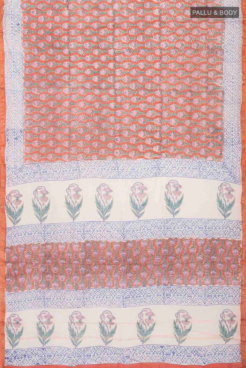 Flat view of Rust Silk Cotton Saree with Printed design on the body and Zari Border