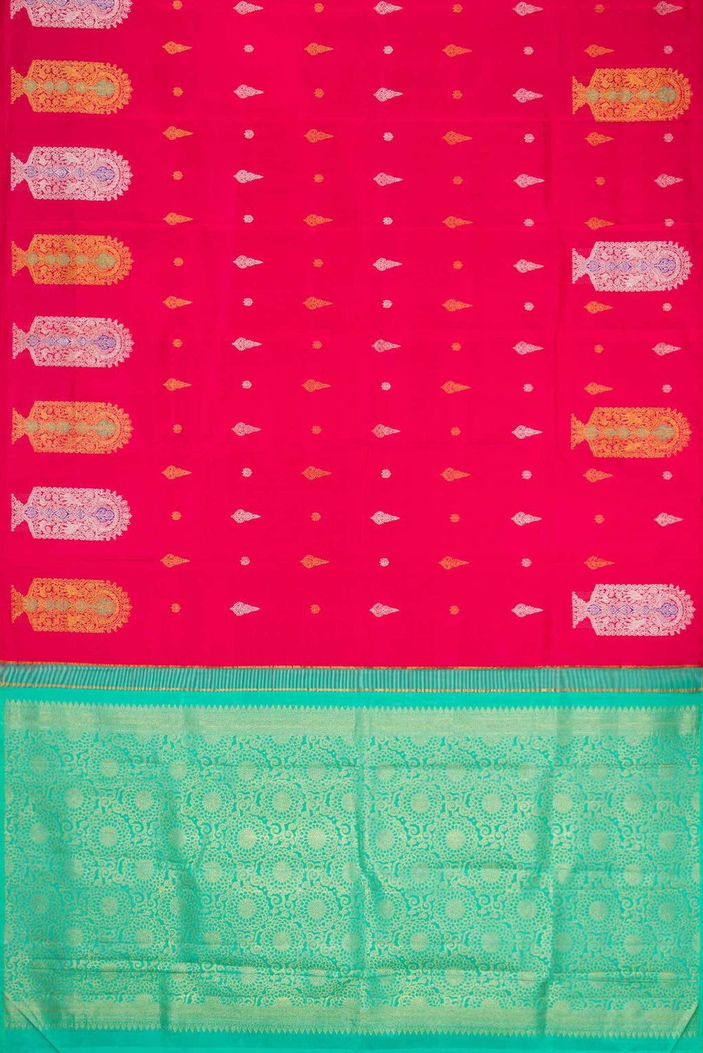 Flat view of Dark Pink Dual Tone Kanchipuram Silk Saree with Zari Butta on the body and Fancy Border