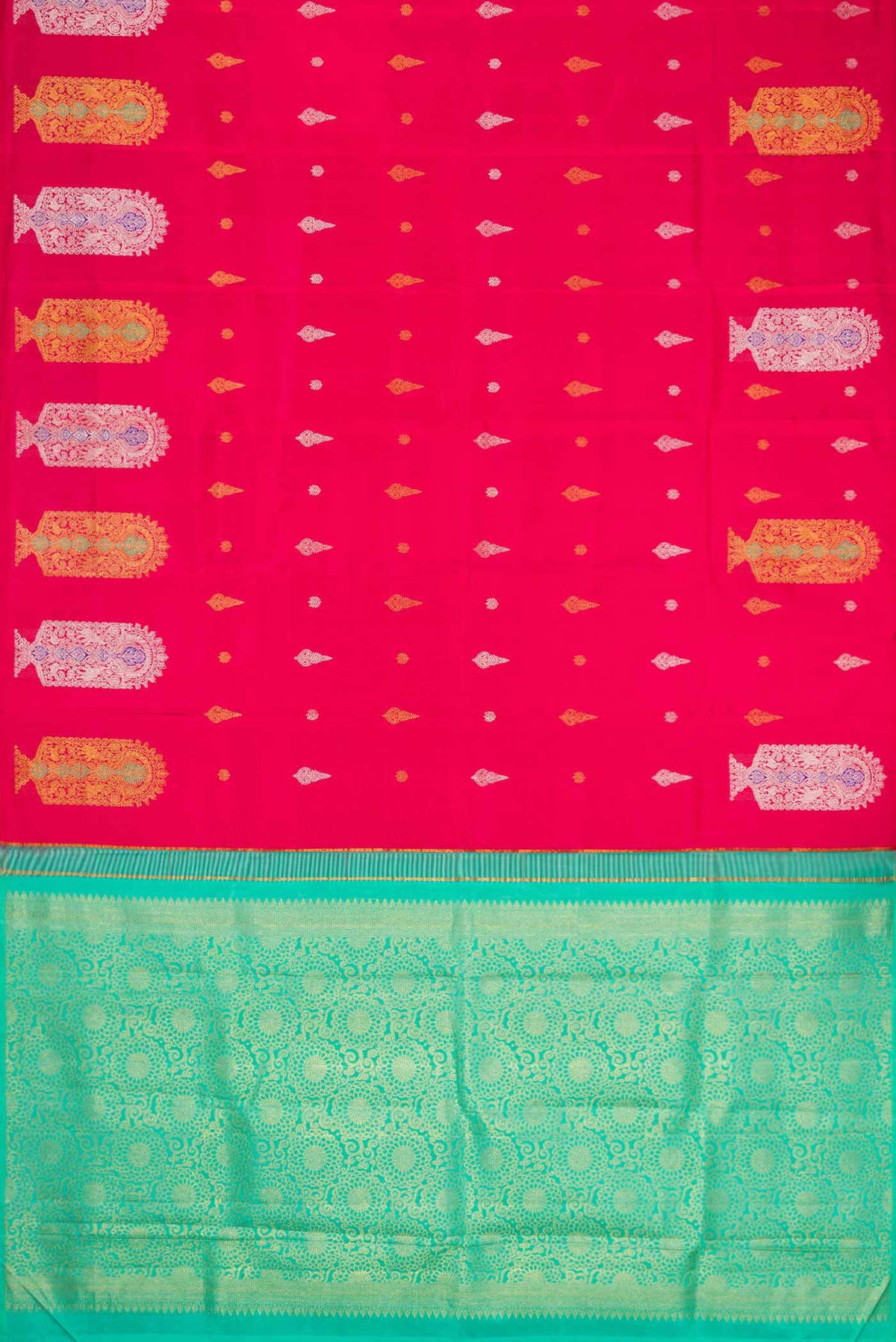 Flat view of Dark Pink Dual Tone Kanchipuram Silk Saree with Zari Butta on the body and Fancy Border