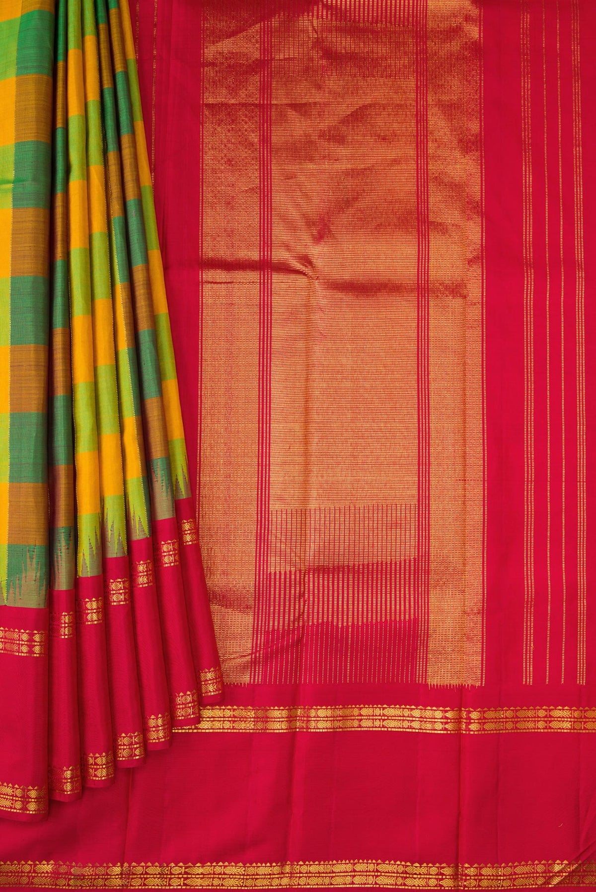 Pleats and pallu of Mustard, Parrot Green and Bottle Green Color Kanjivaram Silk Saree with Checked design on the body and Temple Border. 