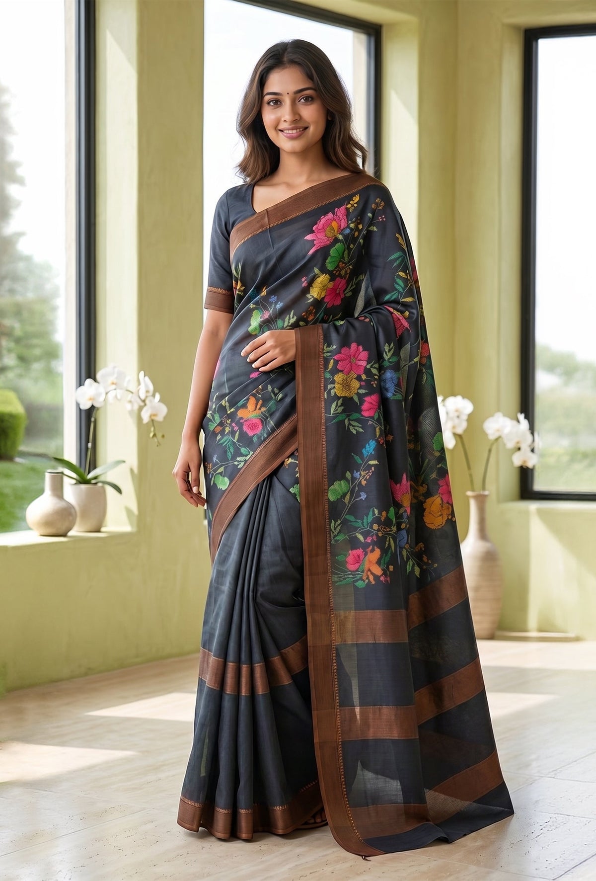 Model wearing a Navy Blue Tussar Silk Saree with Floral Print on the body and Zari Border.