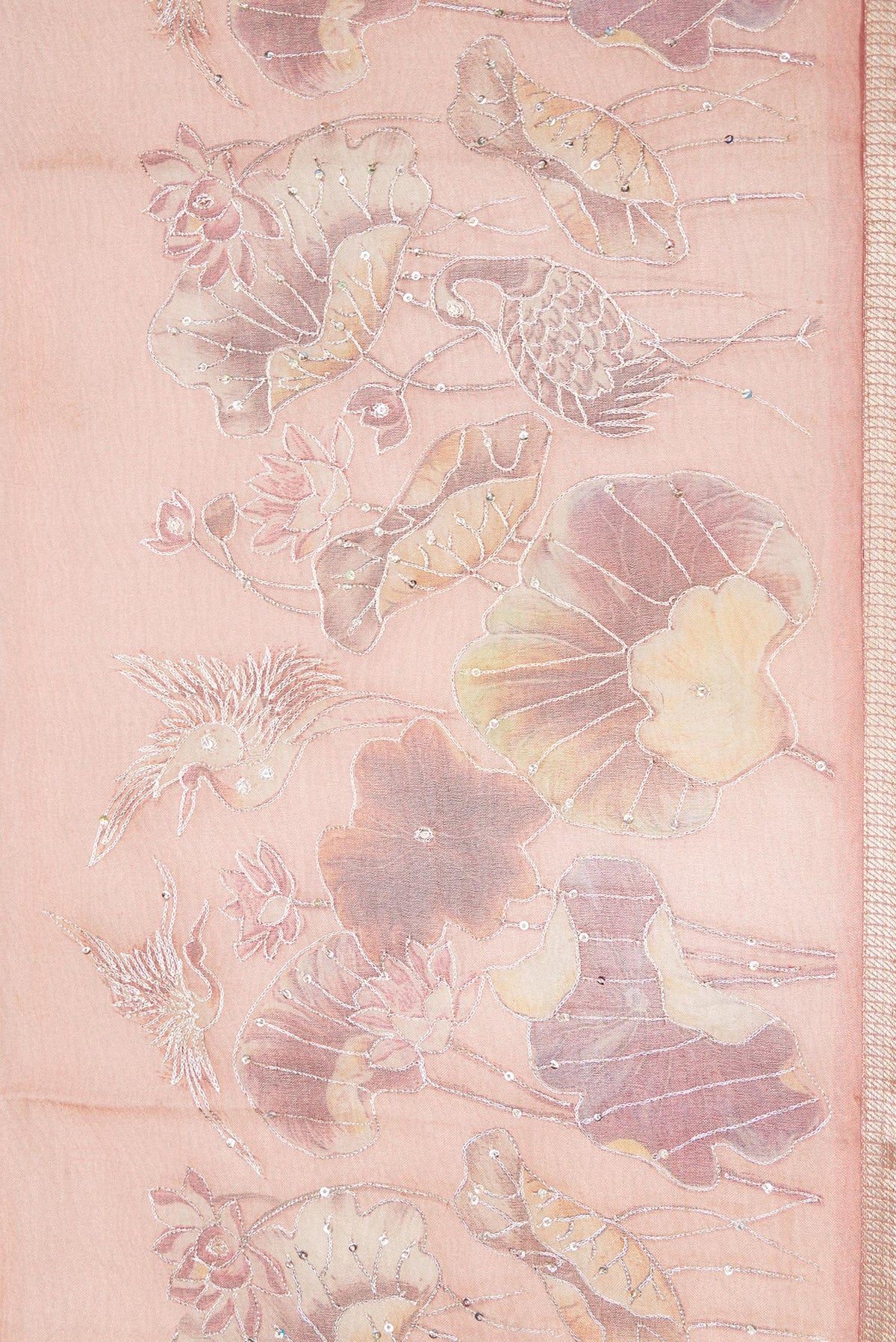 Border image of Rose Gold Dual Tone Organza Silk Saree with Plain Body and Embroidery Border. 