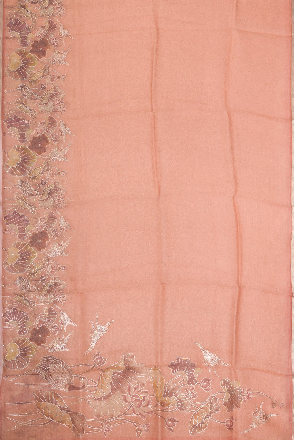 Flat view of Rose Gold Dual Tone Organza Silk Saree with Plain Body and Embroidery Border. 