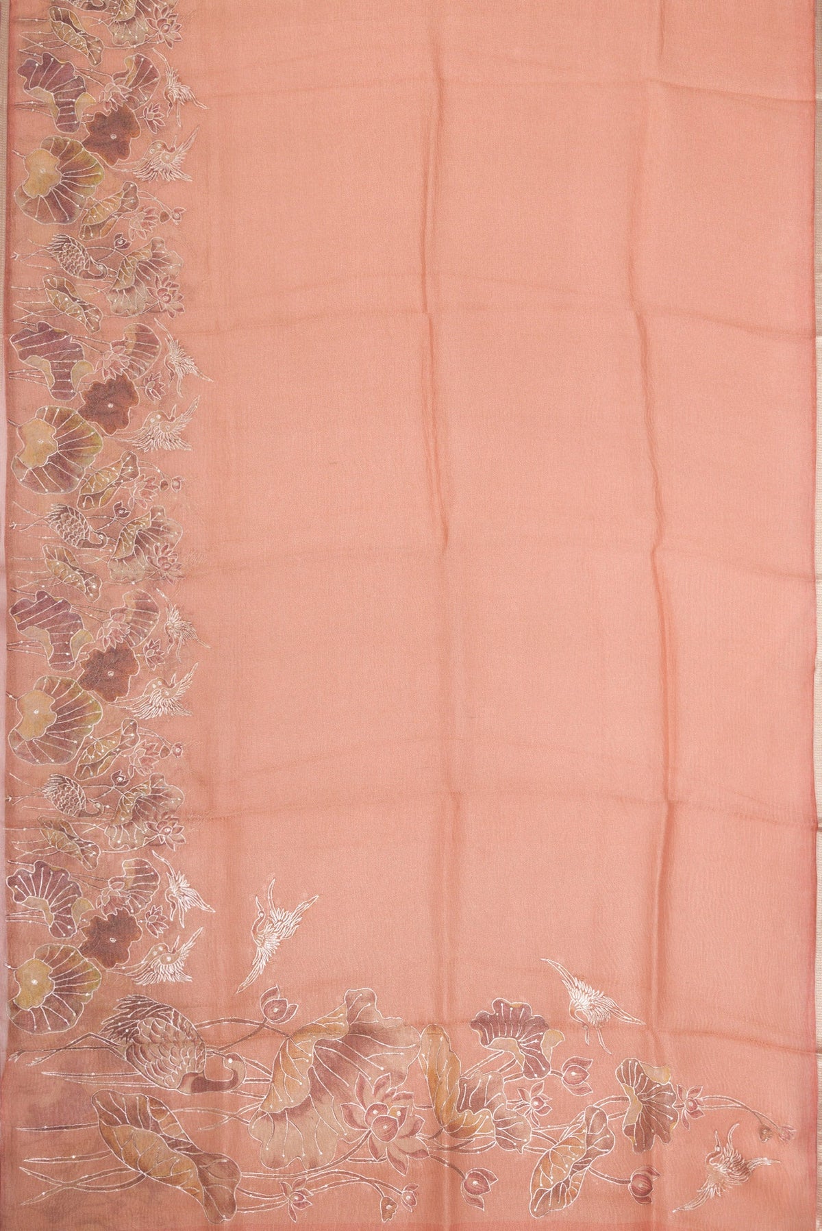 Flat view of Rose Gold Dual Tone Organza Silk Saree with Plain Body and Embroidery Border. 