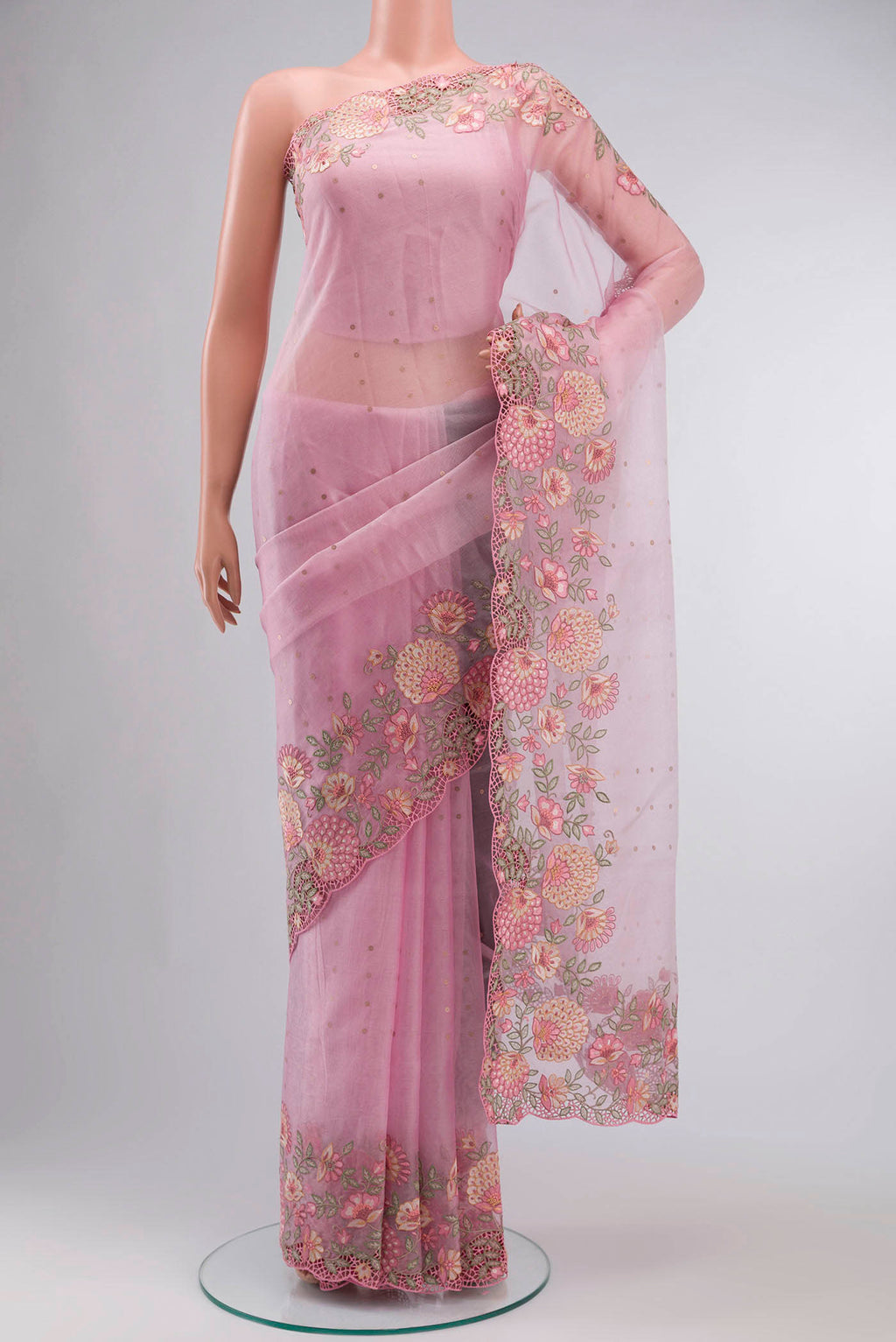 Pink Organza Silk Saree with Embroidery on the body and Embroidery Border displayed on a mannequin