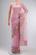 Pink Organza Silk Saree with Embroidery on the body and Embroidery Border displayed on a mannequin