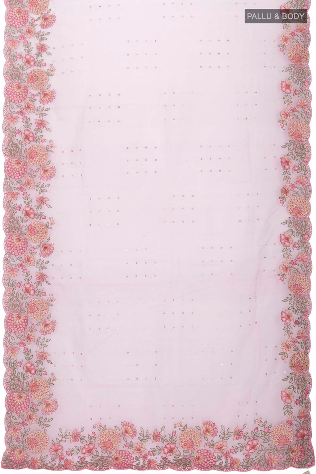 Flat view of Pink Organza Silk Saree with Embroidery on the body and Embroidery Border