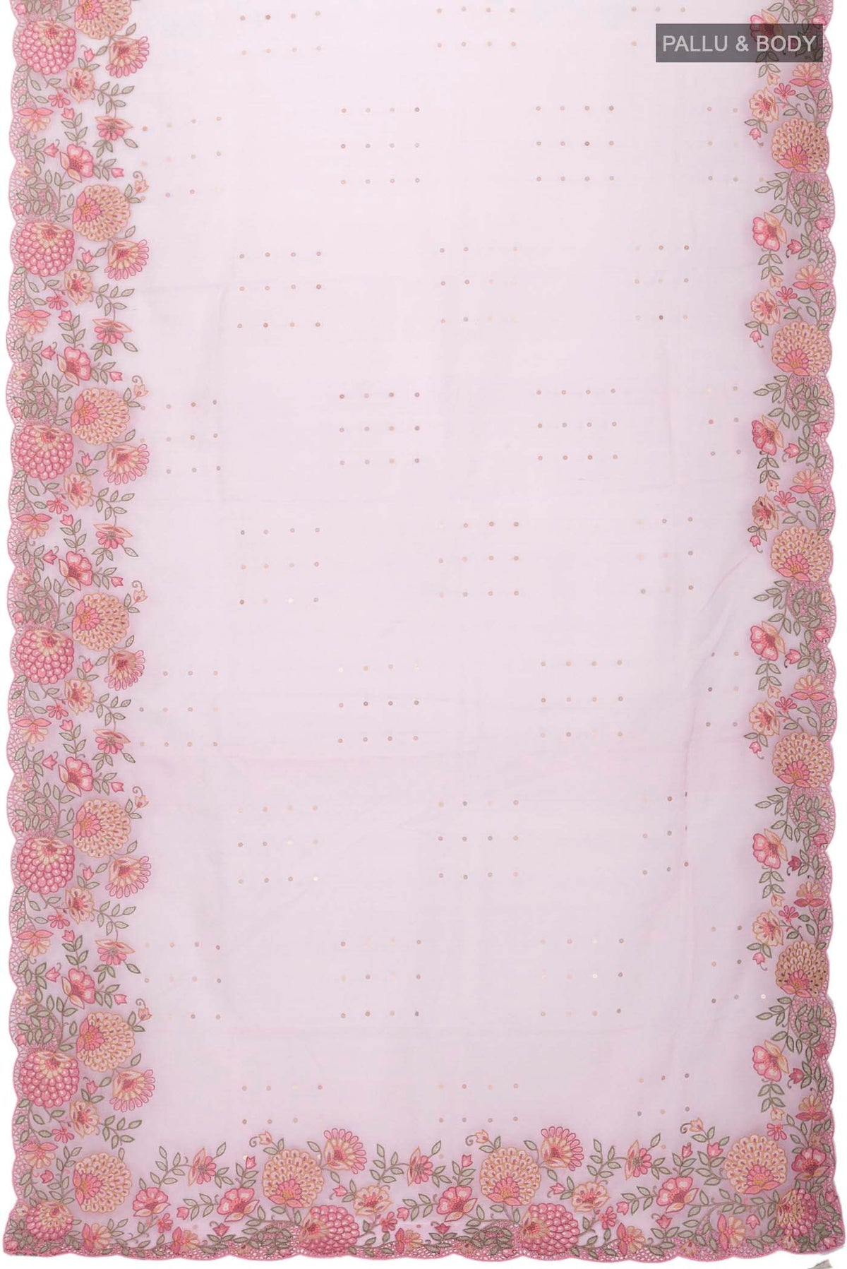 Flat view of Pink Organza Silk Saree with Embroidery on the body and Embroidery Border