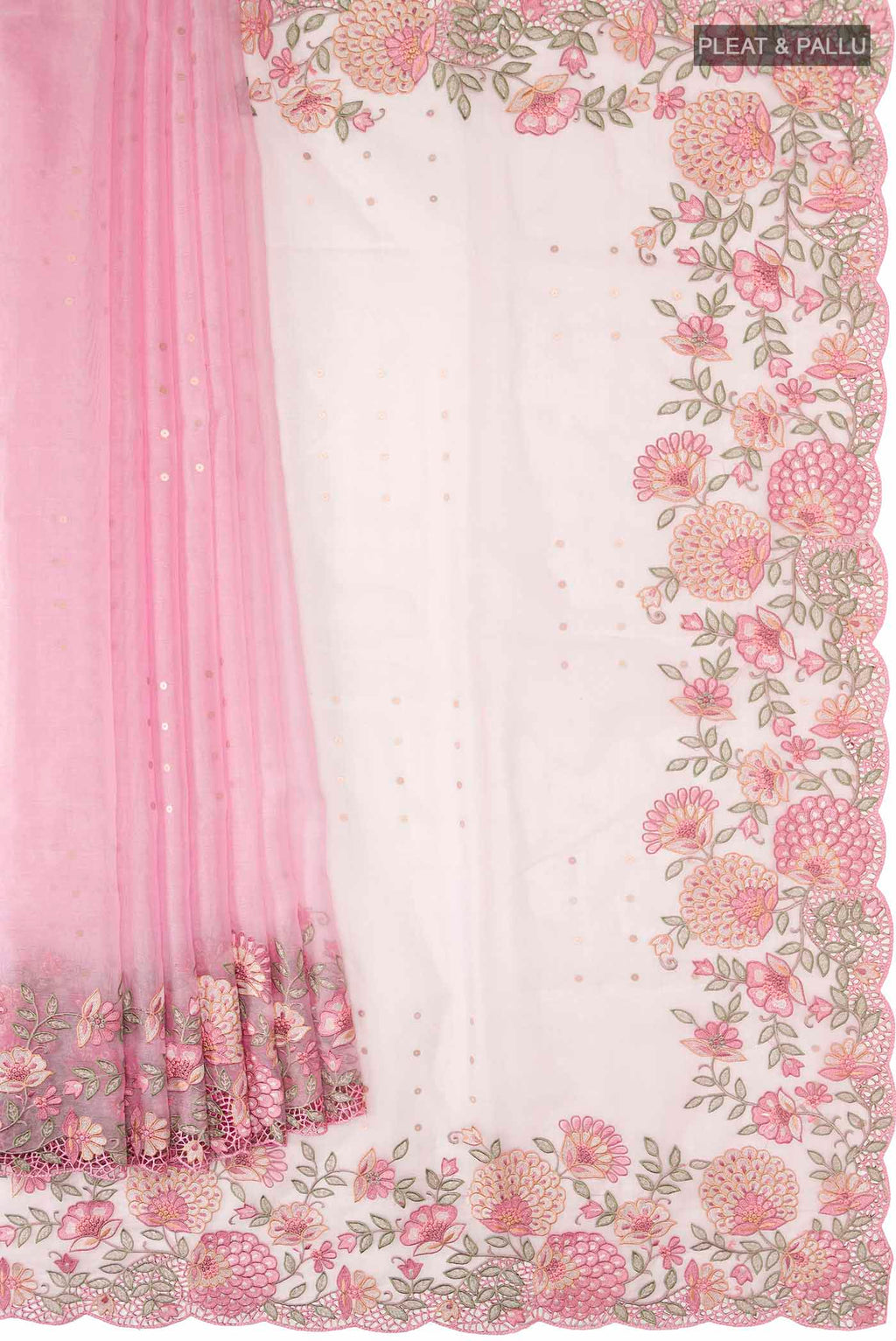 Pleats and pallu of Pink Organza Silk Saree with Embroidery on the body and Embroidery Border