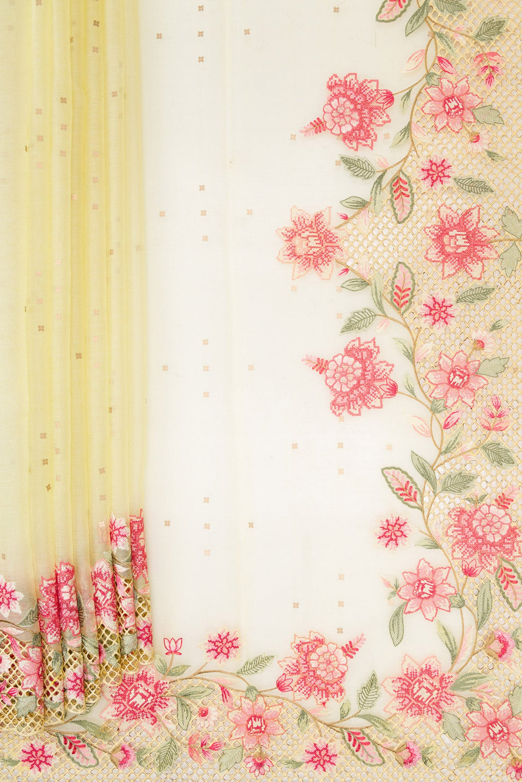 Pleats and pallu of Lemon Yellow Dual Tone Organza Silk Saree with Embroidery on the body and Embroidery Border. 
