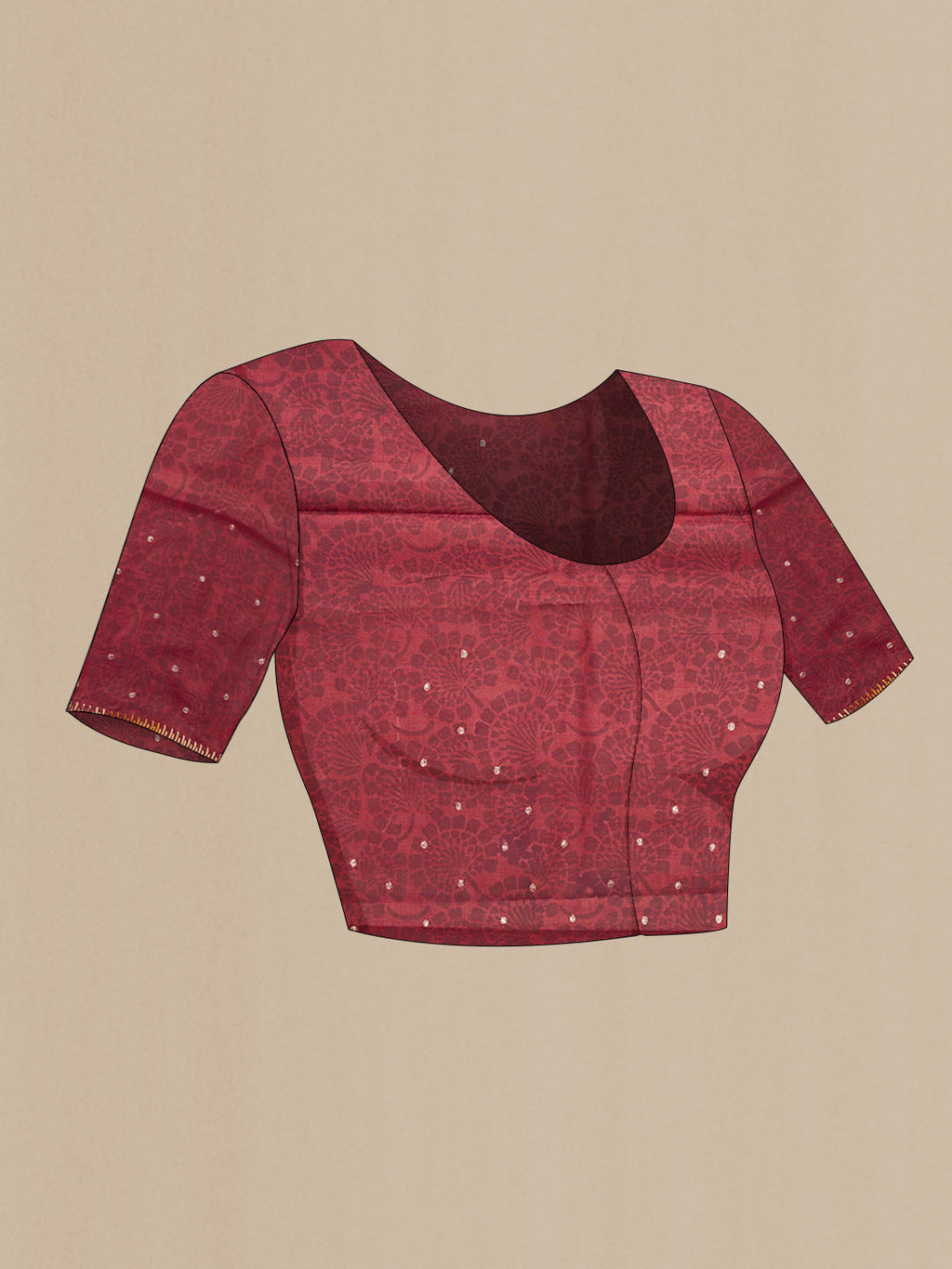 Close up image of the blouse of Maroon Tussar Silk Saree with Floral Print on the body and Embroidery Border