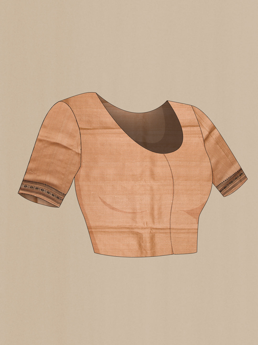 Close up image of the blouse of Brown Dual Tone Tussar Saree with Printed design on the body and Embroidery Border. 