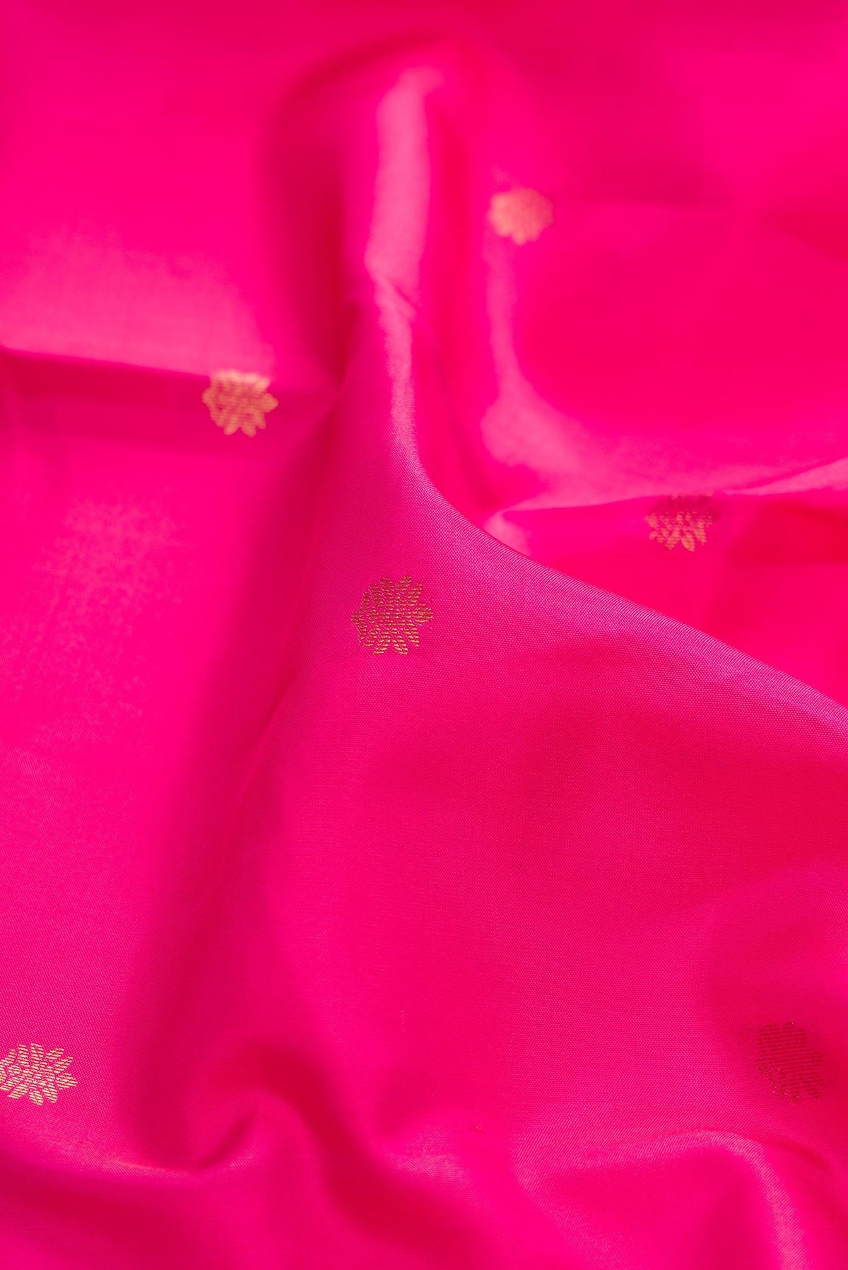 Close up of Pink Dual Tone Kanchipuram Silk Saree with Zari Butta on the body and Zari Border displaying folds