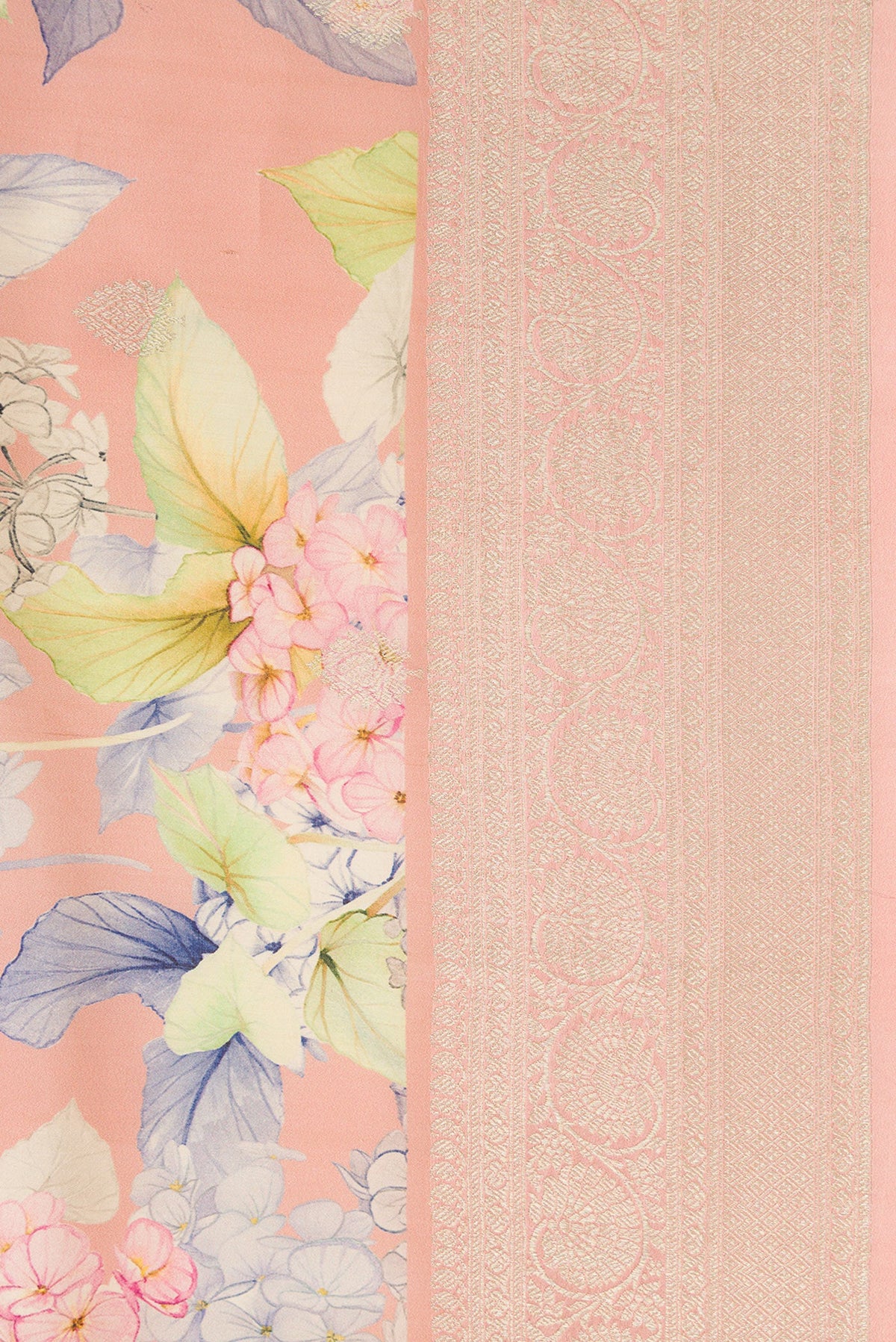Border image of Rose Gold Dual Tone Tussar Silk Saree with Printed design on the body and Zari Border. 