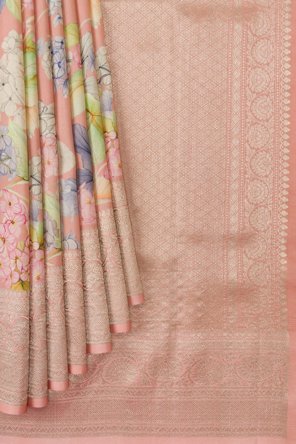 Pleats and pallu of Rose Gold Dual Tone Tussar Silk Saree with Printed design on the body and Zari Border. 
