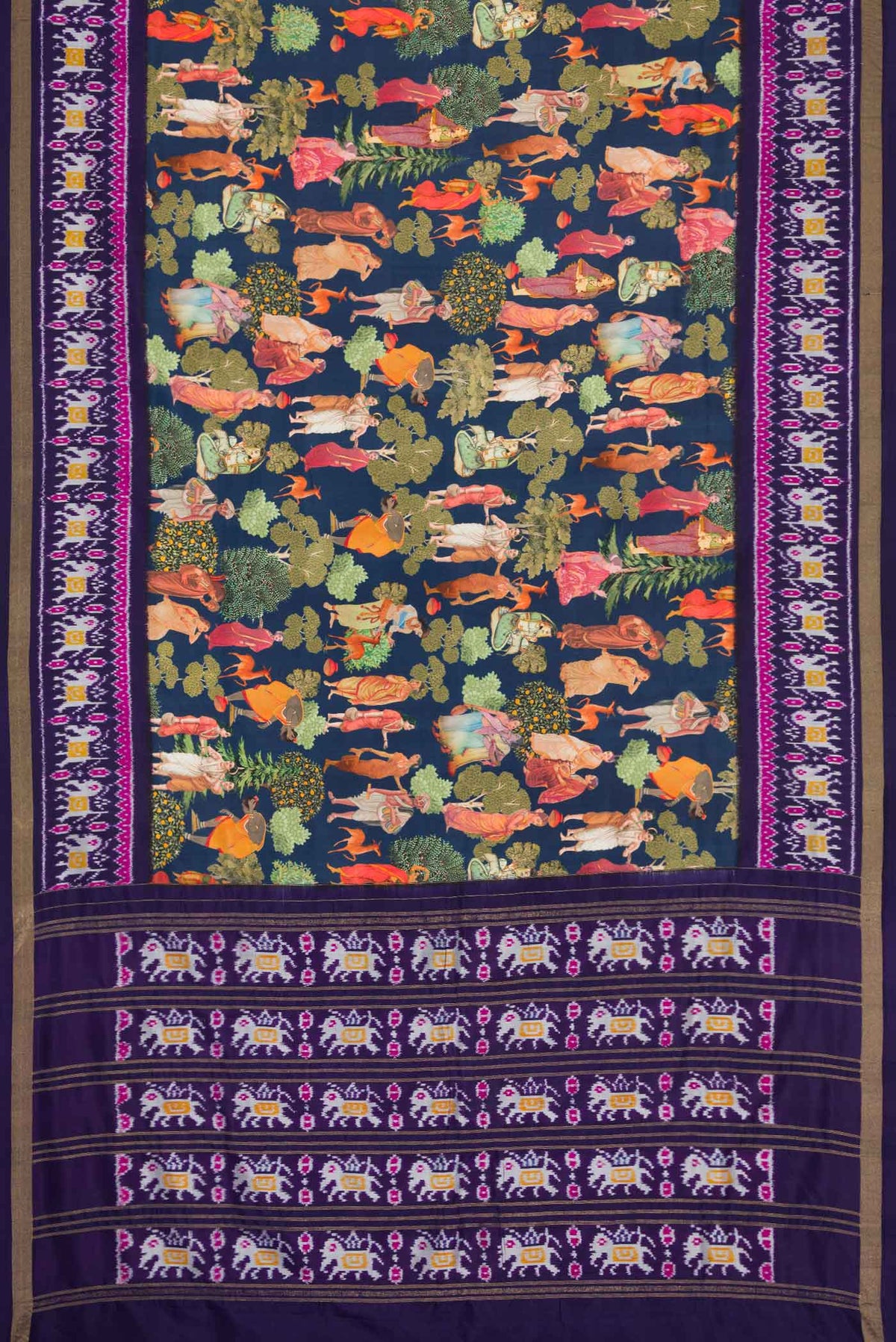 Flat view of Navy Blue Dual Tone Kanchipuram Silk Saree with Printed design on the body and Ikat Border