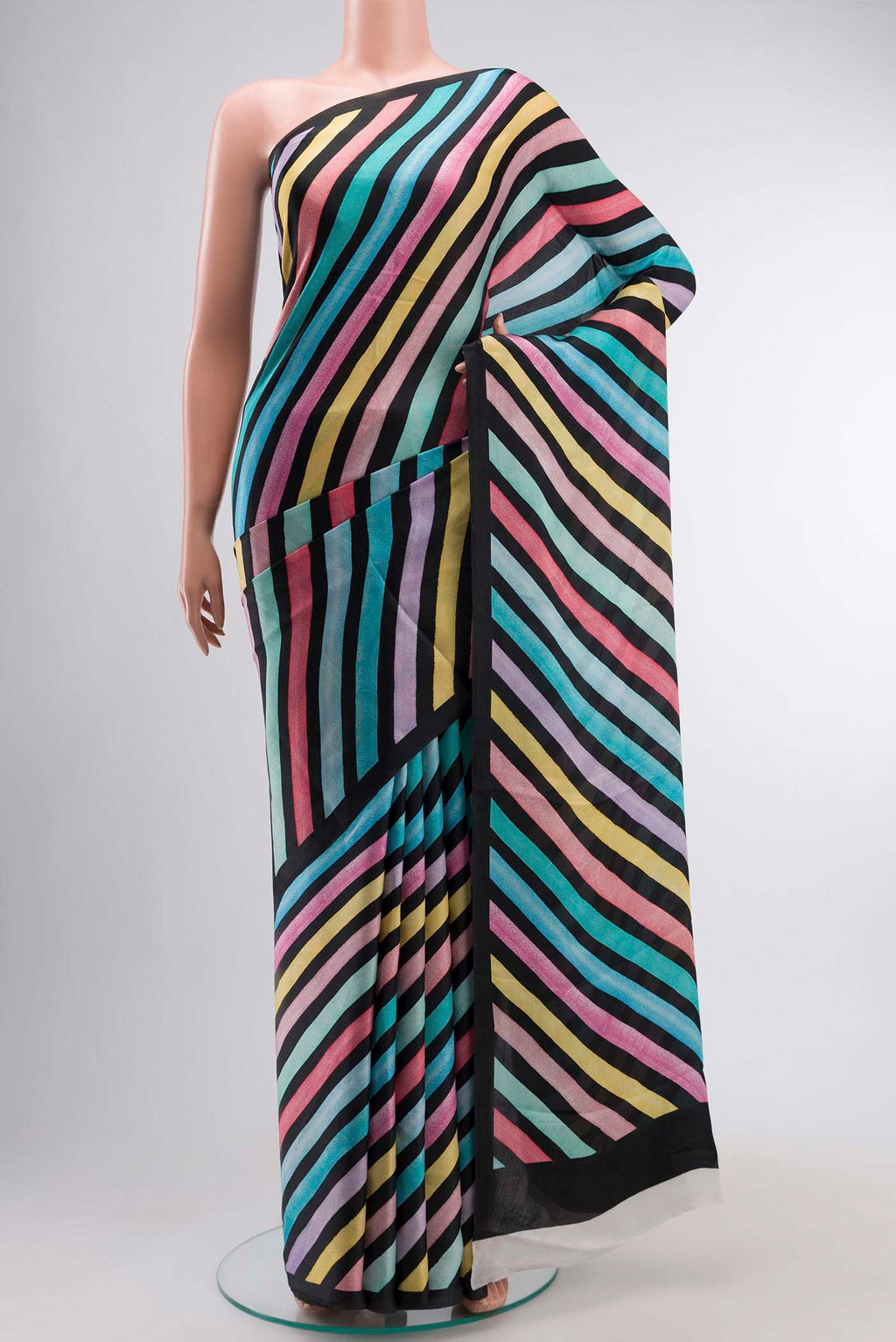 Multi Color Satin Crepe Saree with Printed design on the body and Plain Border displayed on a mannequin