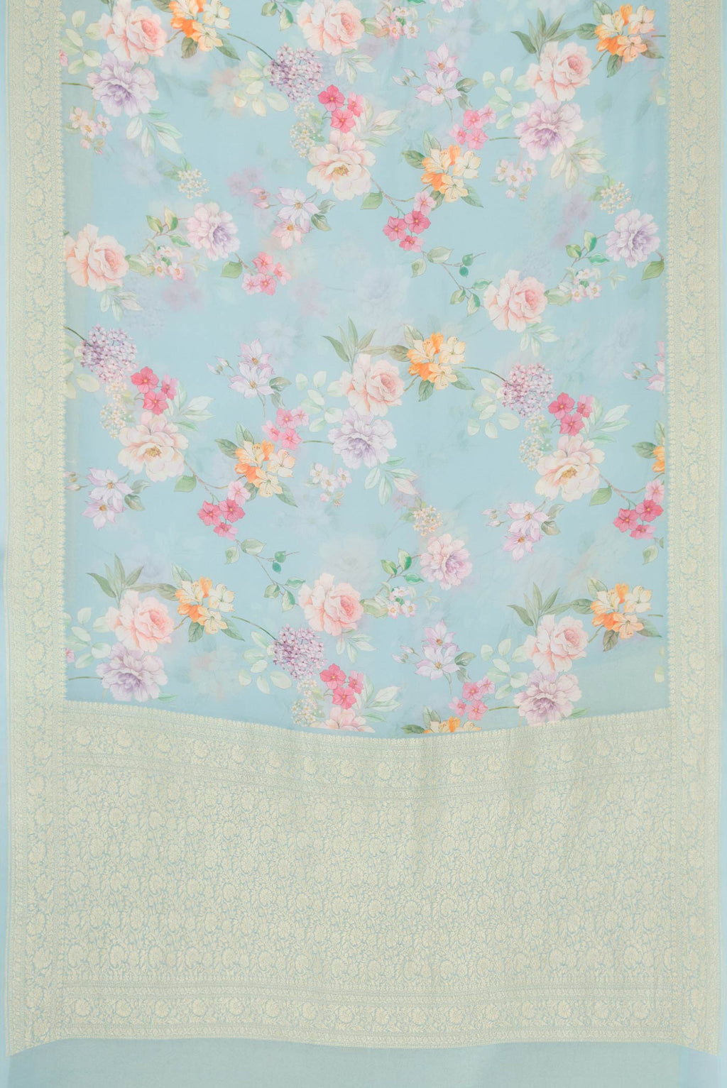 Flat view of Light Blue Dual Tone Mysore Georgette Saree with Printed design on the body and Zari Border
