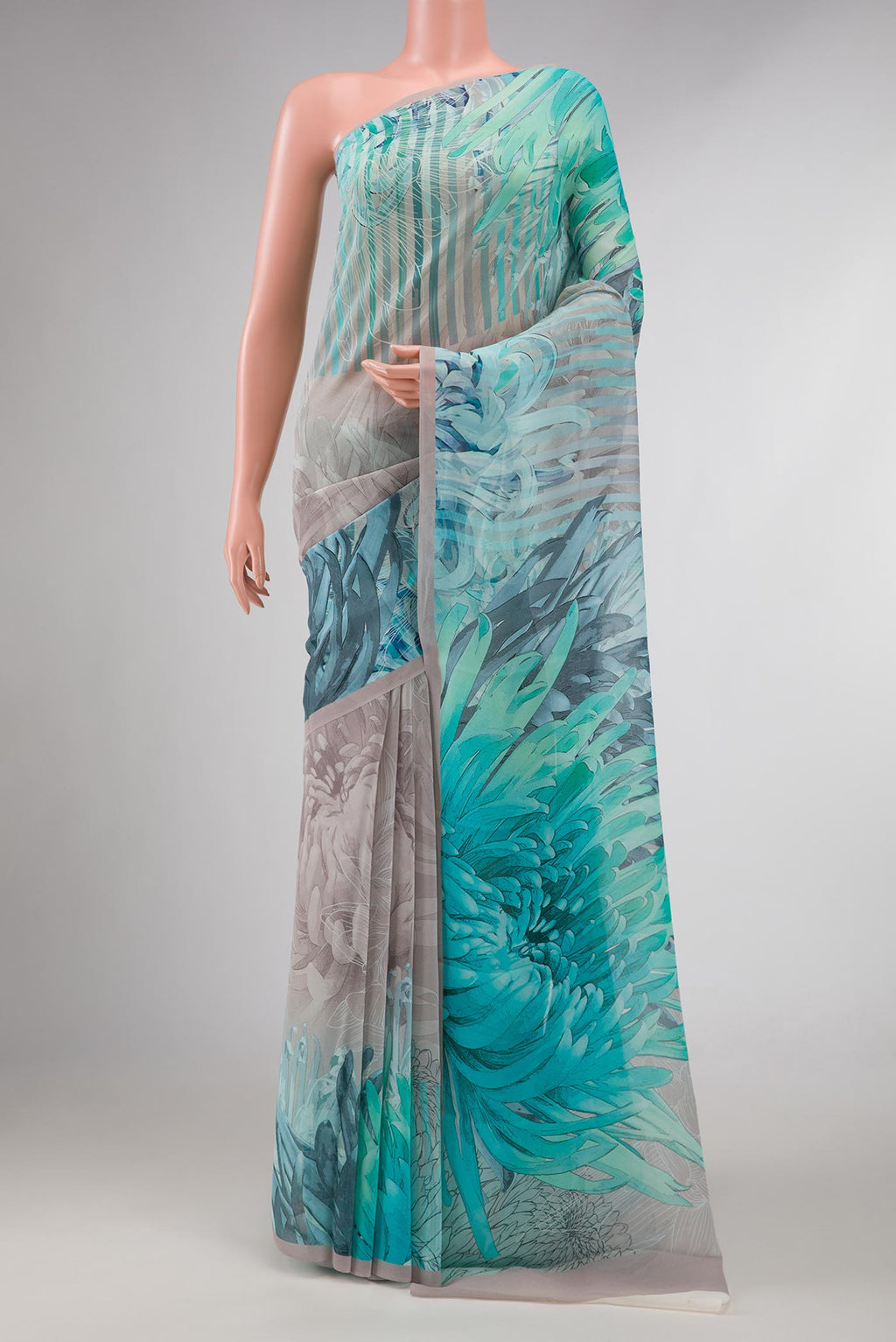 Grey Dual Tone Mysore Georgette SareePrinted design on the body and Without Border displayed on a mannequin