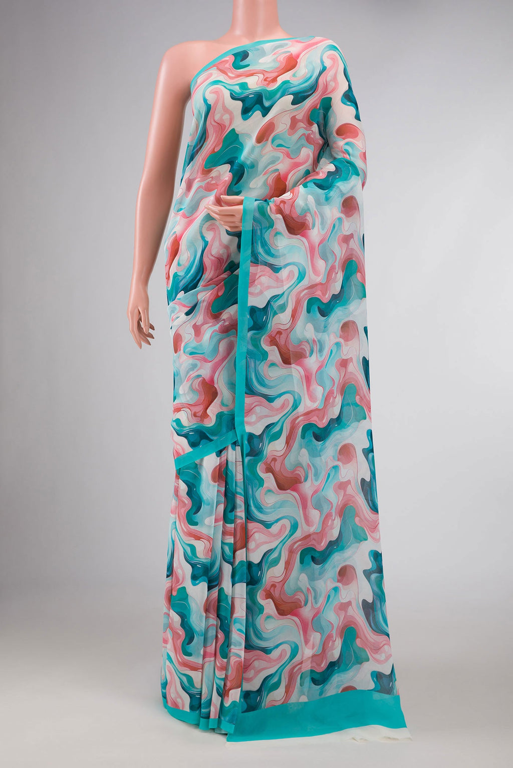Light Blue Dual Tone Mysore Georgette Saree with Printed design on the body and Plain Border displayed on a mannequin