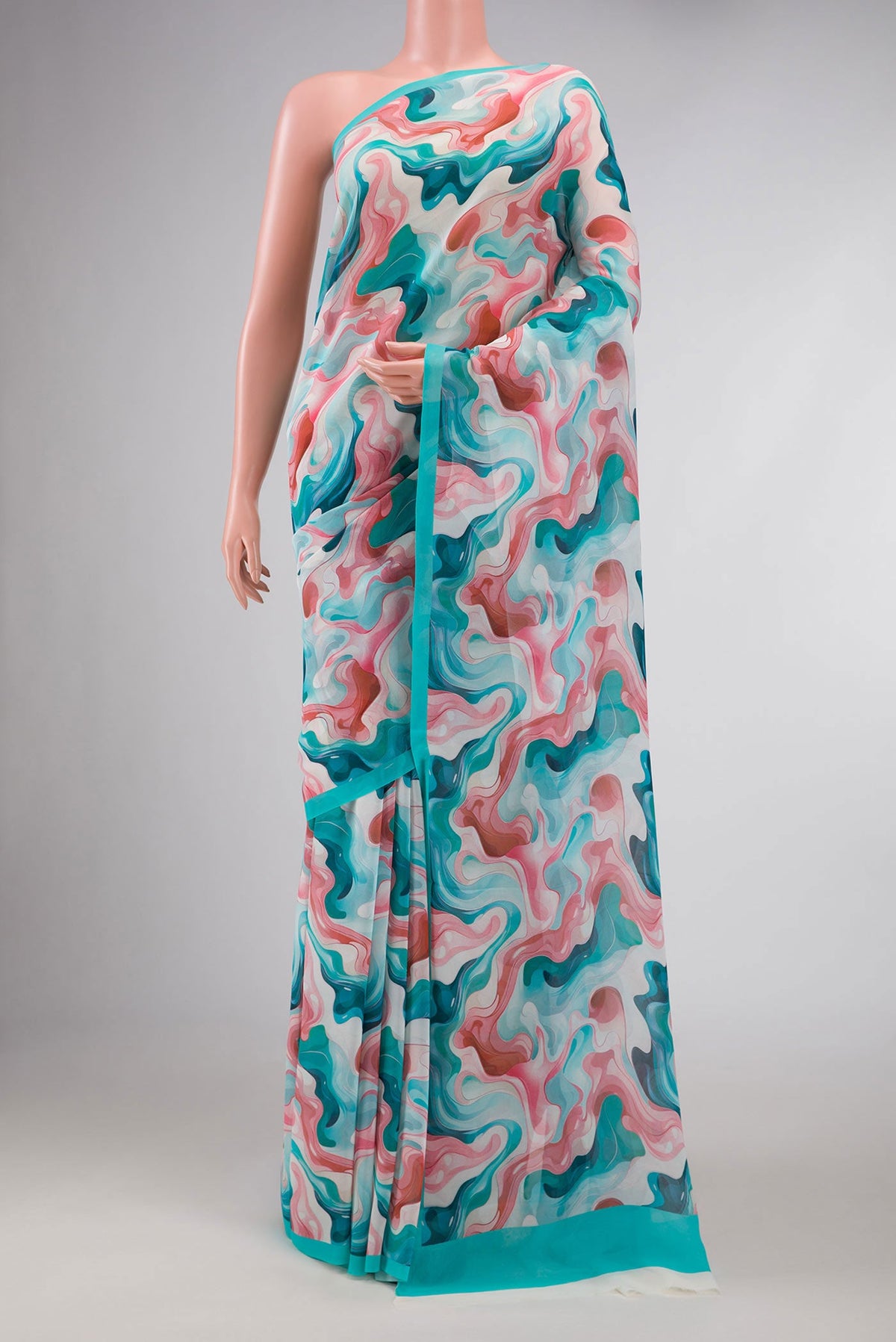 Light Blue Dual Tone Mysore Georgette Saree with Printed design on the body and Plain Border displayed on a mannequin