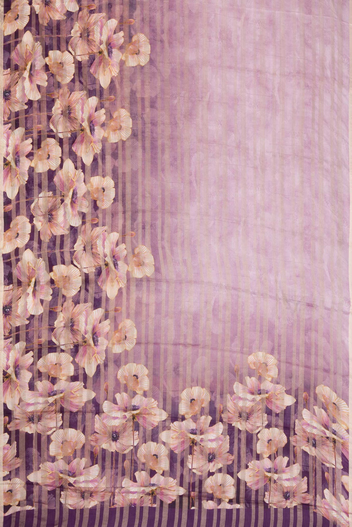 Flat view of Lavender Dual Tone Mysore Georgette Saree with Printed design on the body and Zari Border