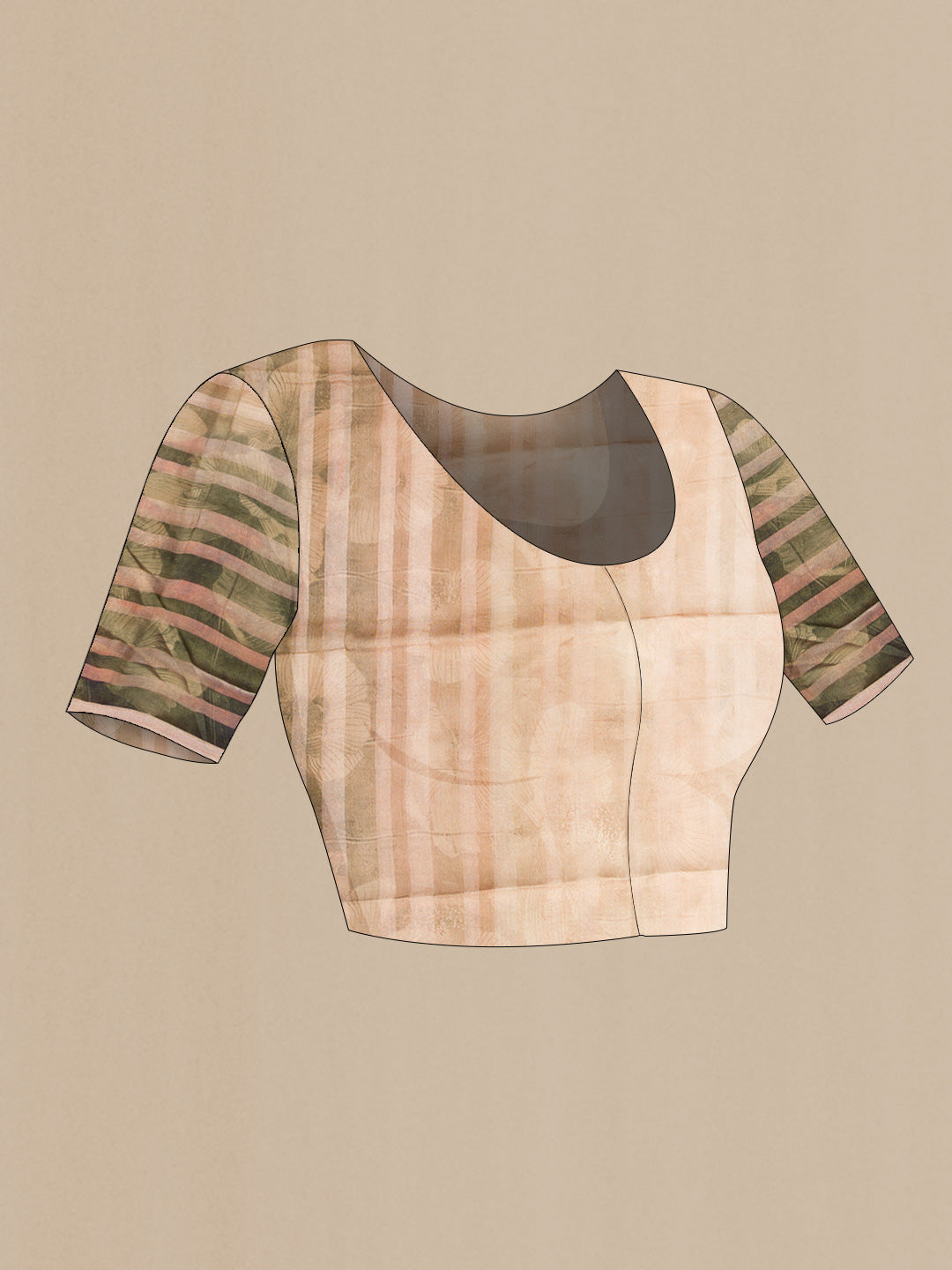 Close up image of the blouse of Beige Dual Tone Mysore Georgette Saree with Stripes on the body and Zari Border