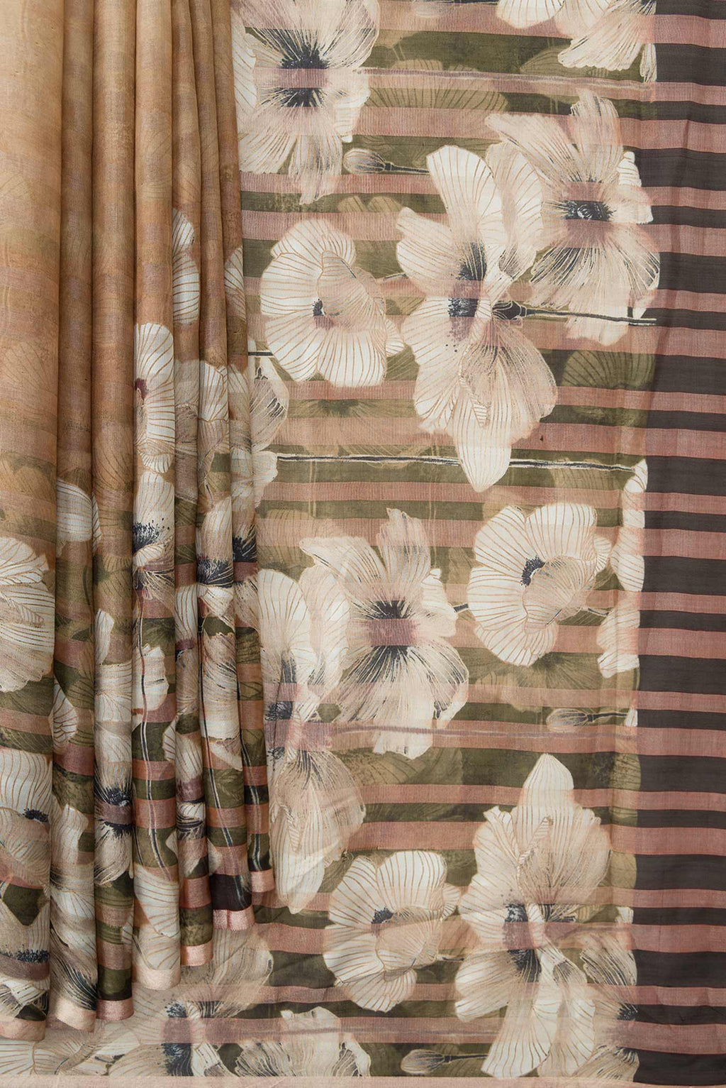 Pleats and pallu of Beige Dual Tone Mysore Georgette Saree with Stripes on the body and Zari Border