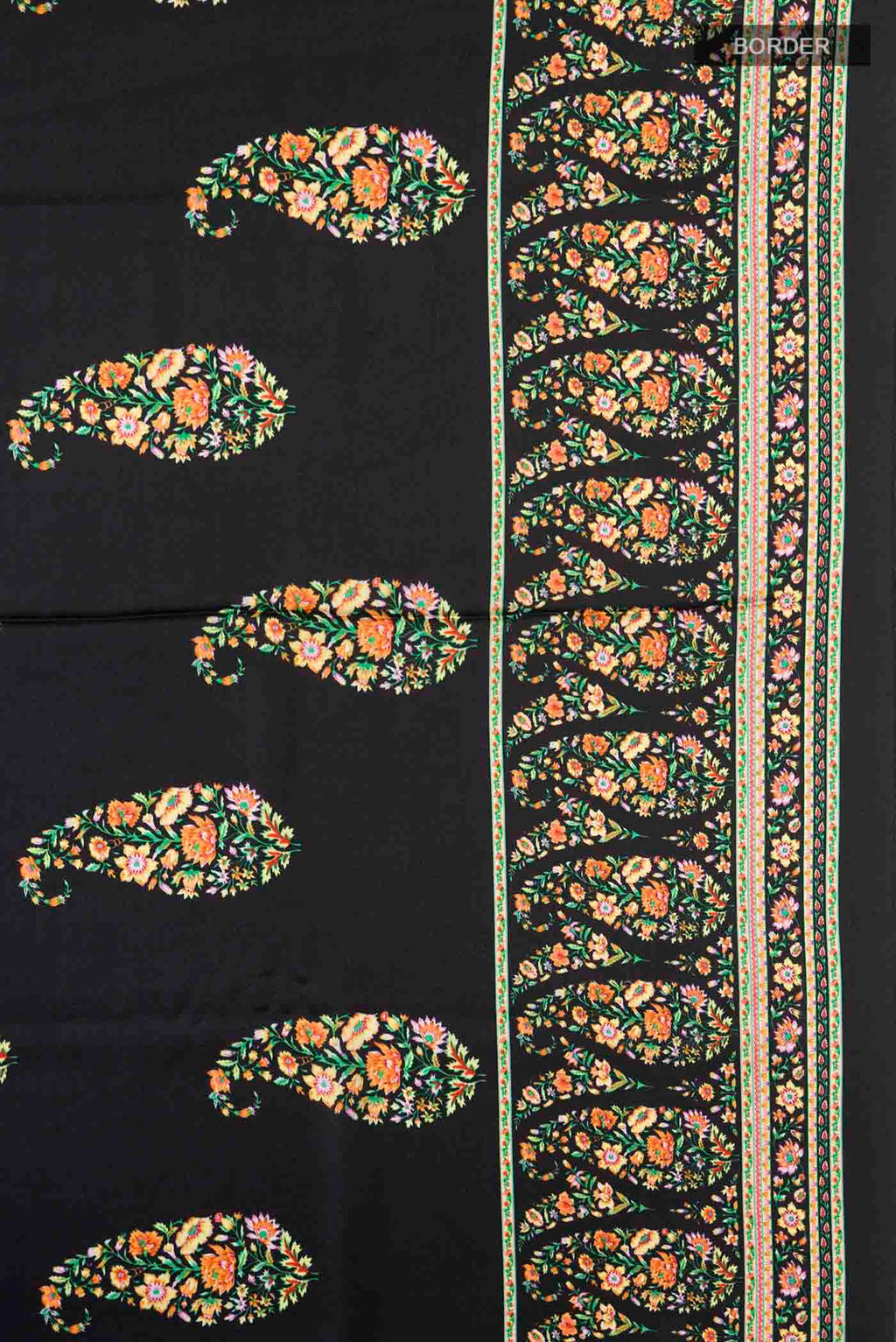 Border image of Black Satin Crepe Saree Printed design on the body and Plain Border