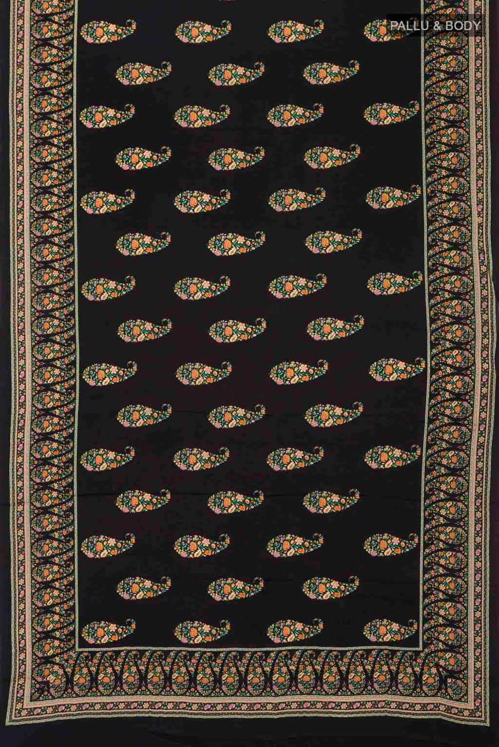 Flat view of Black Satin Crepe Saree Printed design on the body and Plain Border