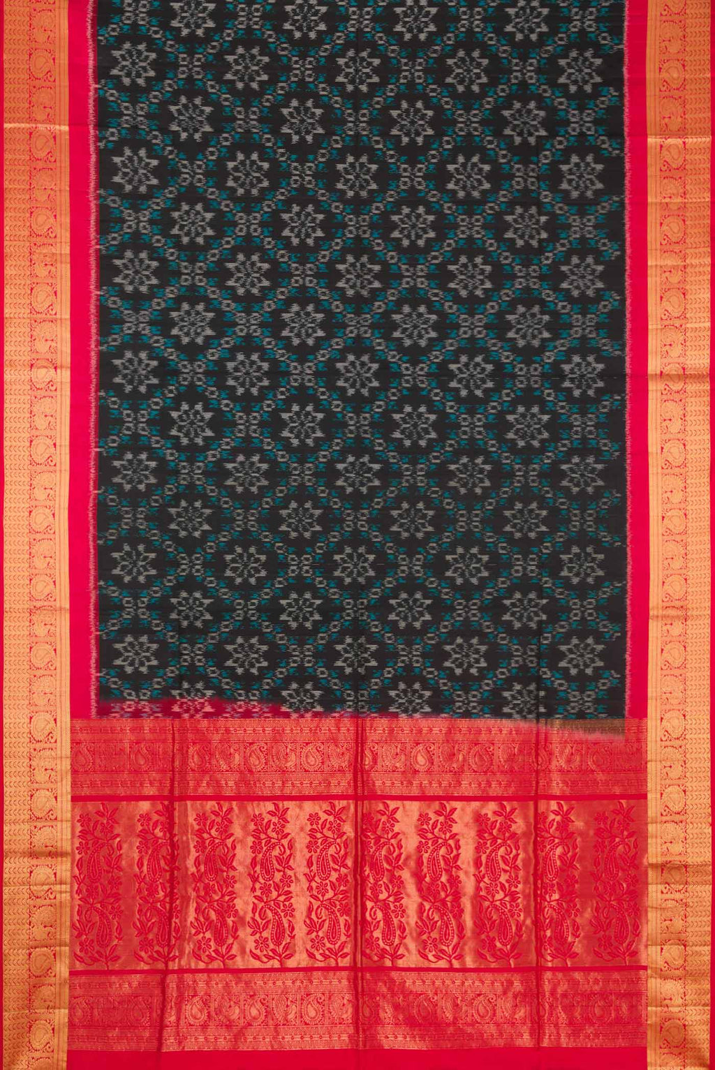 Flat view of Black Dual Tone Soft Silk Saree with Ikat Print on the body and Zari Border. 