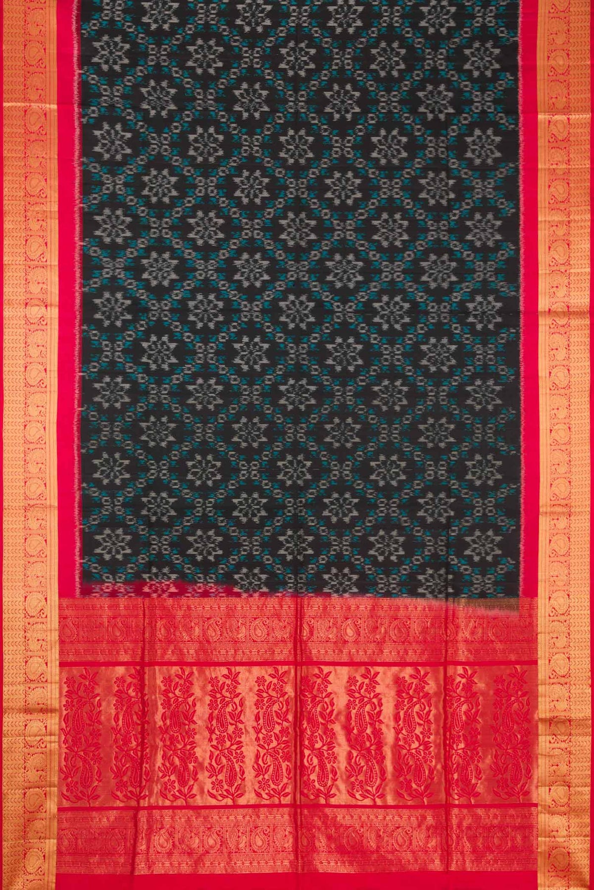 Flat view of Black Dual Tone Soft Silk Saree with Ikat Print on the body and Zari Border. 