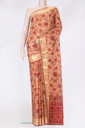 Peach Printed Silk Saree with Printed design on the body and Zari Border.  displayed on a mannequin