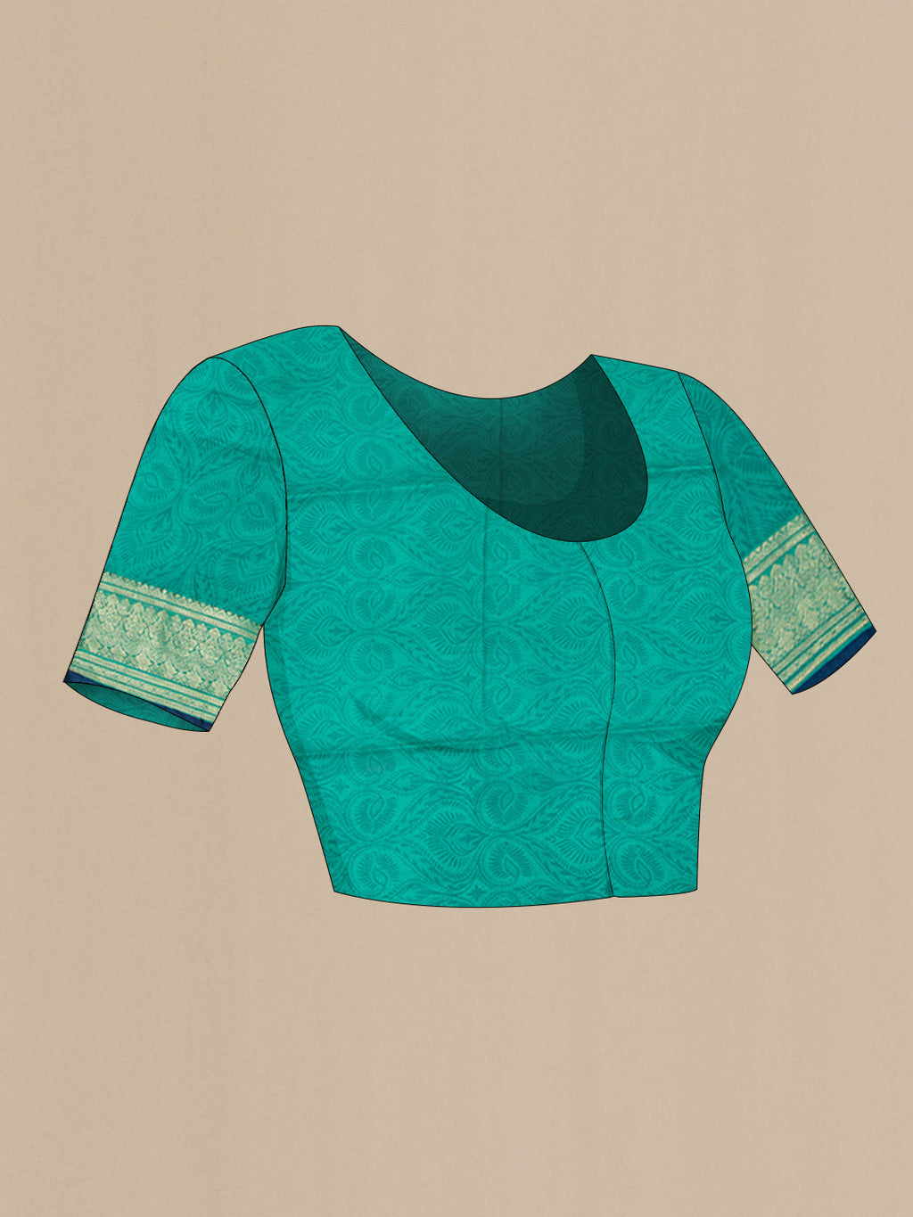 Close up image of the blouse of Teal Printed Silk Saree with Printed design on the body and Zari Border. 