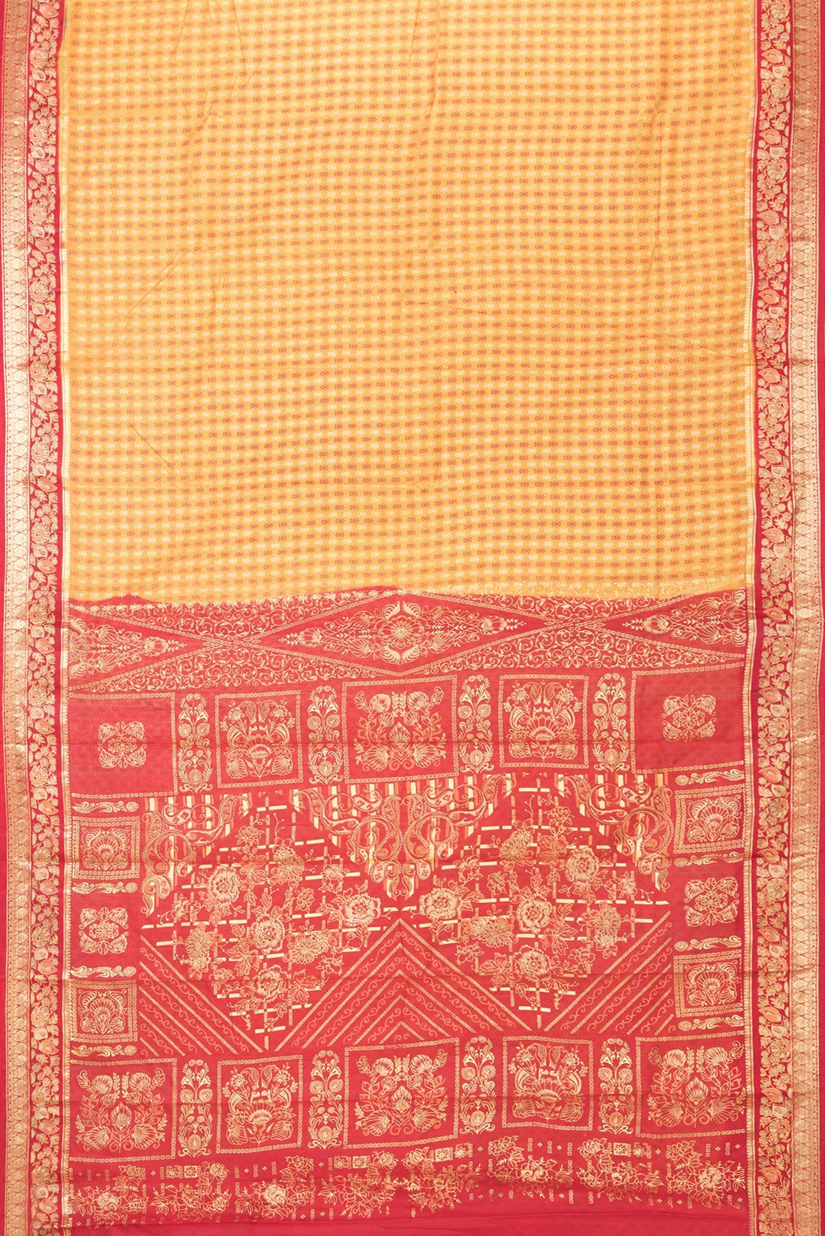 Flat view of Mustard Printed Silk Saree with Printed design on the body and Zari Border. 