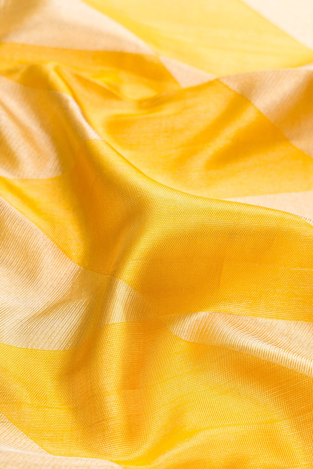 Close up of Gold Dual Tone Tissue Silk Saree with Zari Brocade on the body and Zari Border.  displaying folds